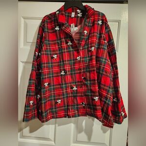Red Plaid Button-Up Shirt with Cartoon Print